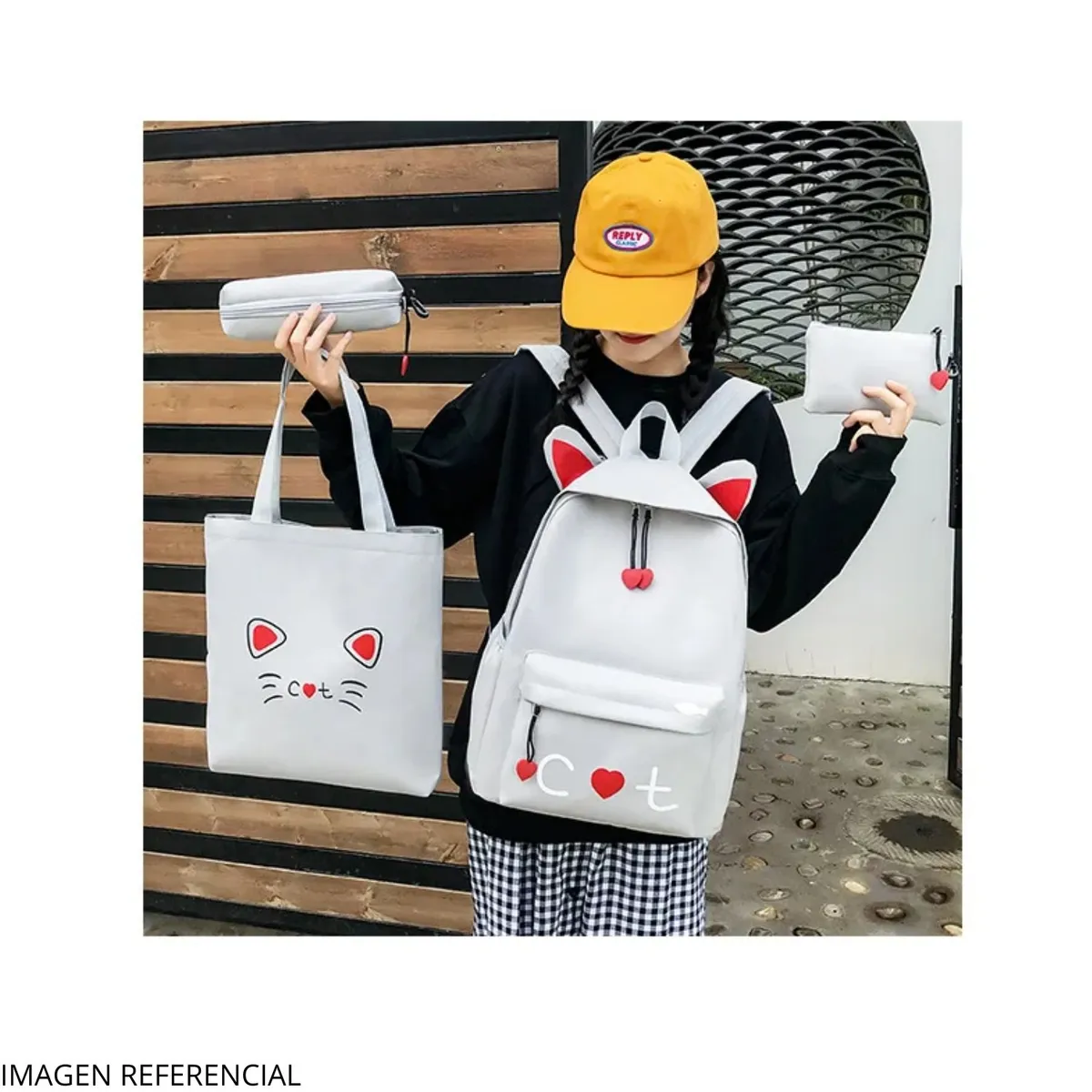 OEM - Pack Mochila  4 en 1 Gato Color Gris