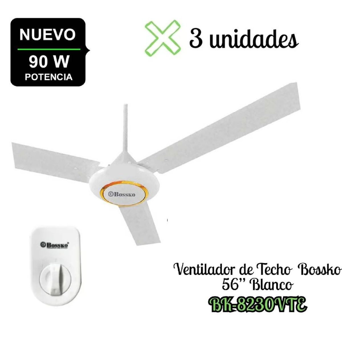BOSSKO - Pack de 3 Ventilador de techo Bossko  90 Watts de 56 pulgadas