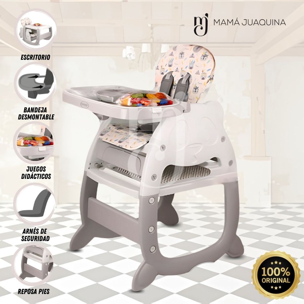 BABY - Silla de Comer Escritorio 3 en 1 «WESLEY» Gray