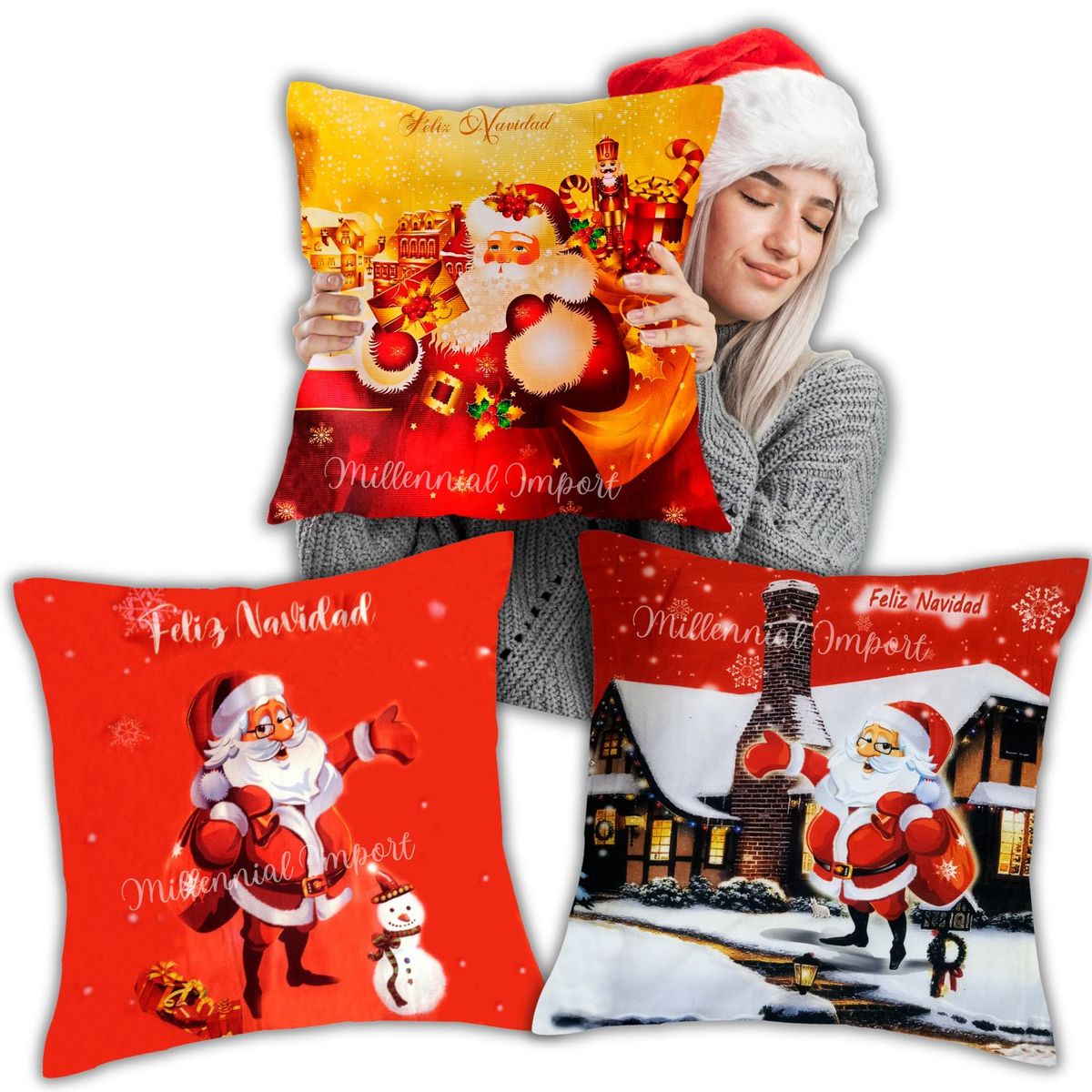 GENERICO - Set x03 Cobertor de Navidad para Cojín diseños ambas caras de 45x45cm