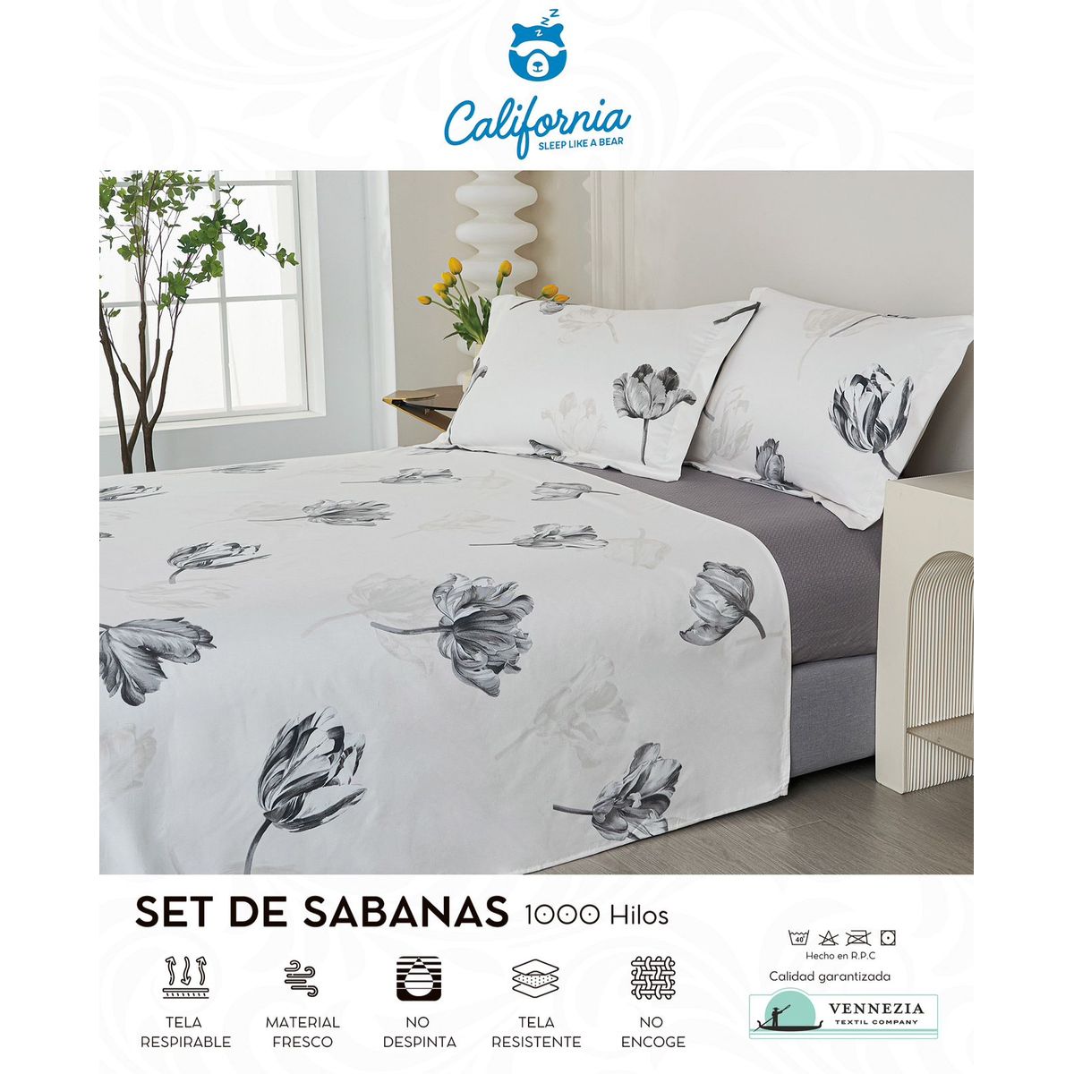 CALIFORNIA - Set de Sabana 1.5 Pz de 4 Pieza 100% Algodón