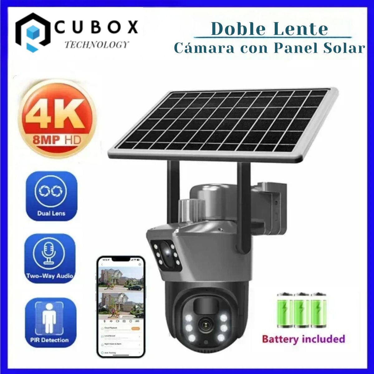 OEM - Cámara Seguridad IP con Panel Solar 4K de 8 MP doble lente, WiFi, inalámbrica