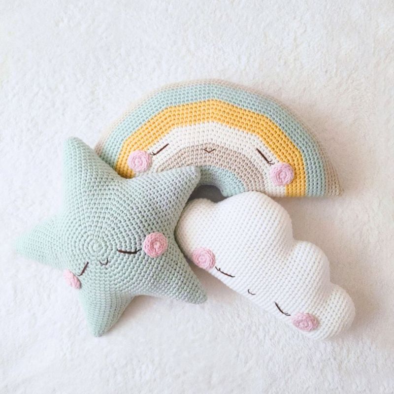 BE CRAFTY - Pack x3 Cojines para Cuna de Bebé Nube Estrella y Arco Iris