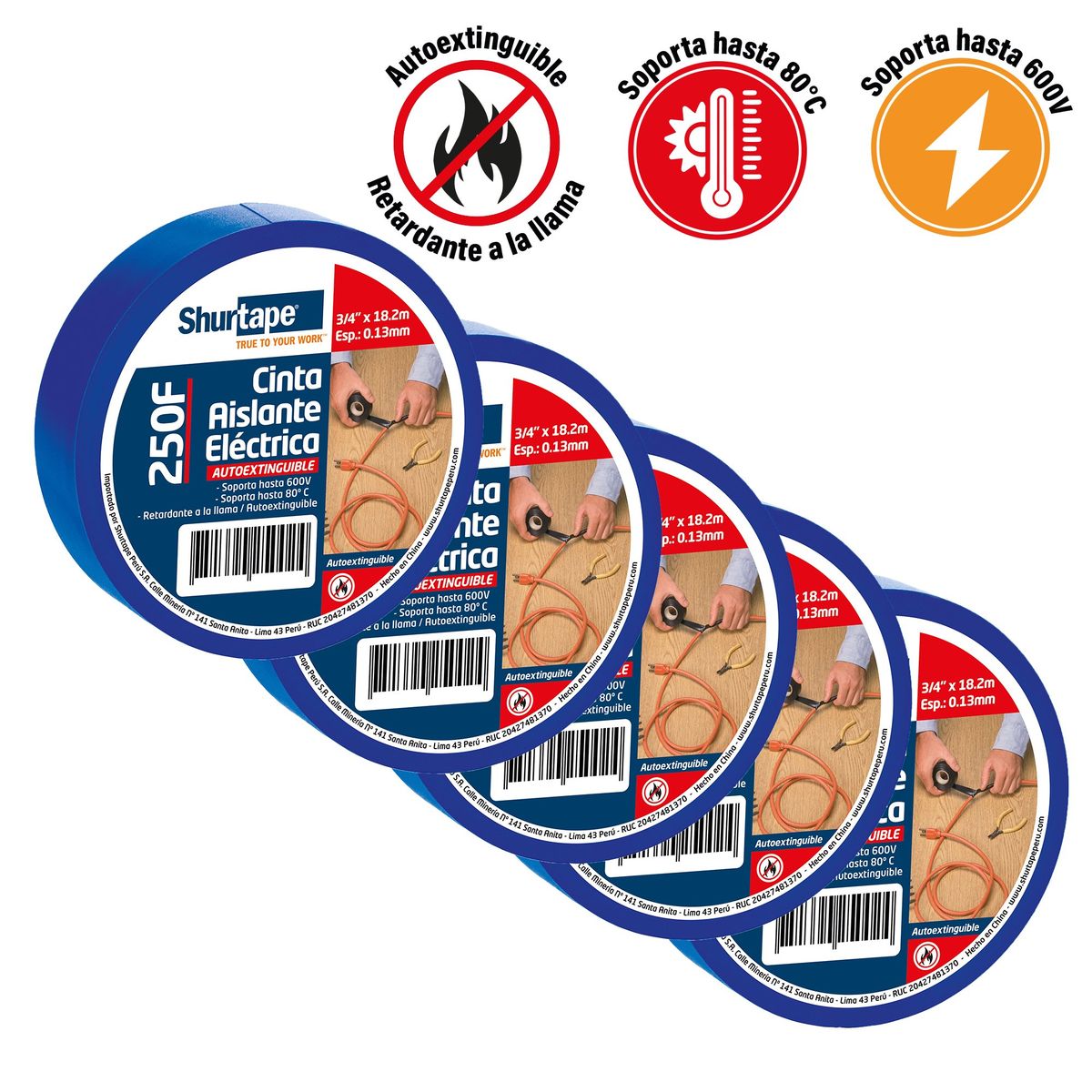 SHURTAPE - Cinta Aislante 19mm x 20 Yds Azul Pack x5