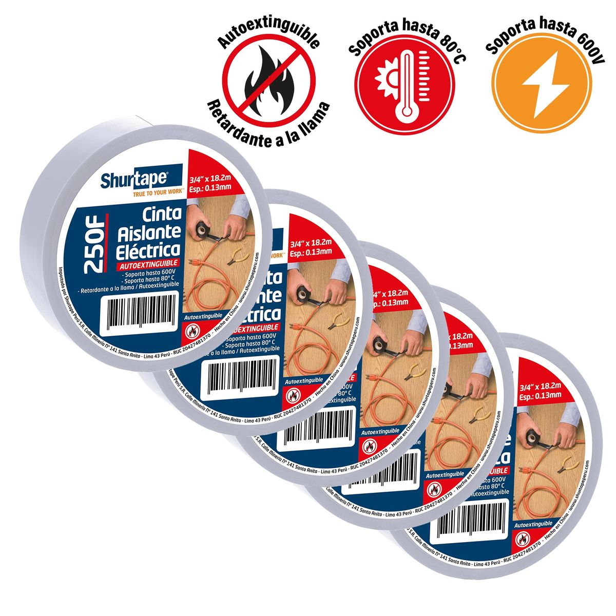 SHURTAPE - Cinta Aislante 19mm x 20 Yds Blanco Pack x5