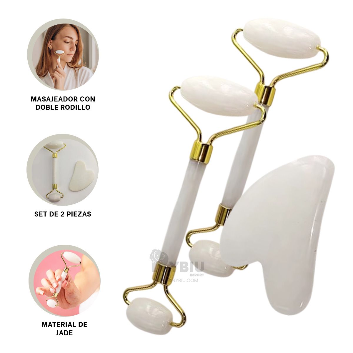 RYBIU IMPORT - Set Material de Jade Masajeador en Blanco Y+Gift Stickers