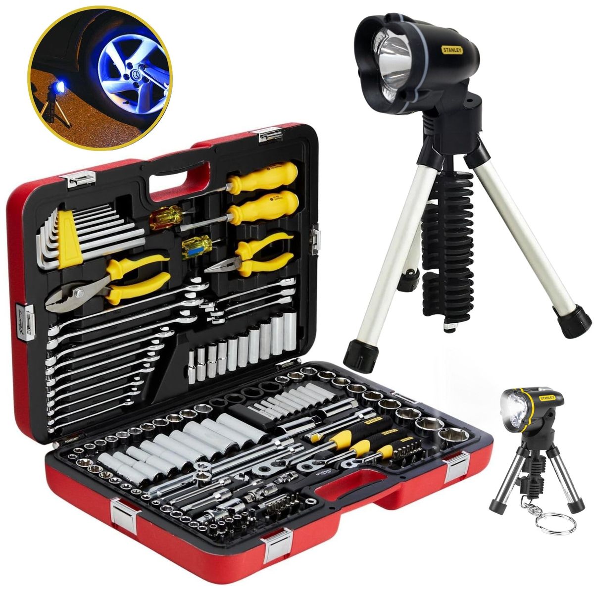 STANLEY - Herramientas para mecánico 150 Pzs, linterna LED STANLEY COMBO Racing