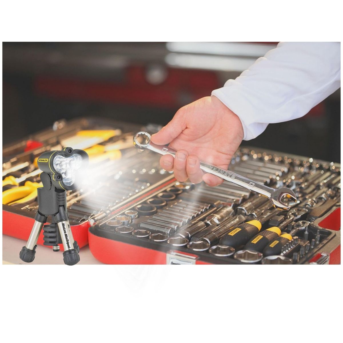 STANLEY - Herramientas para mecánico 150 Pzs, linterna LED STANLEY COMBO Racing