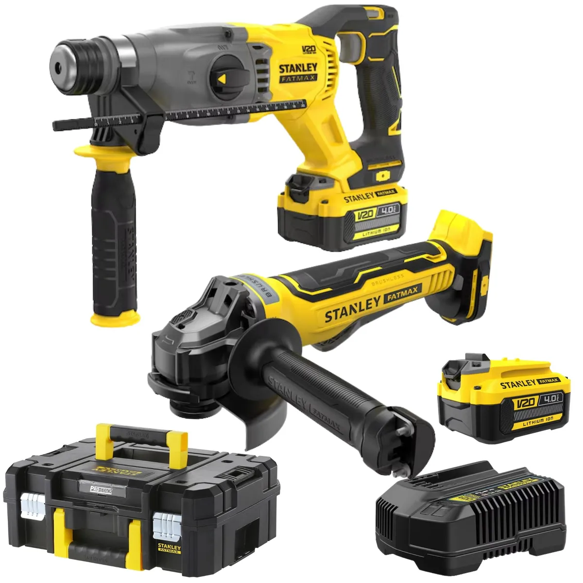 STANLEY - Combo Amoladora, Rotomartillo inalámbrico BRUSHLESS  20V baterías 4Ah