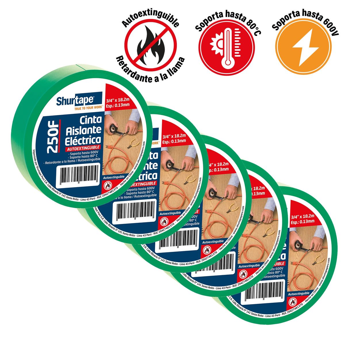 SHURTAPE - Cinta Aislante 19mm x 20 Yds Verde Pack x5