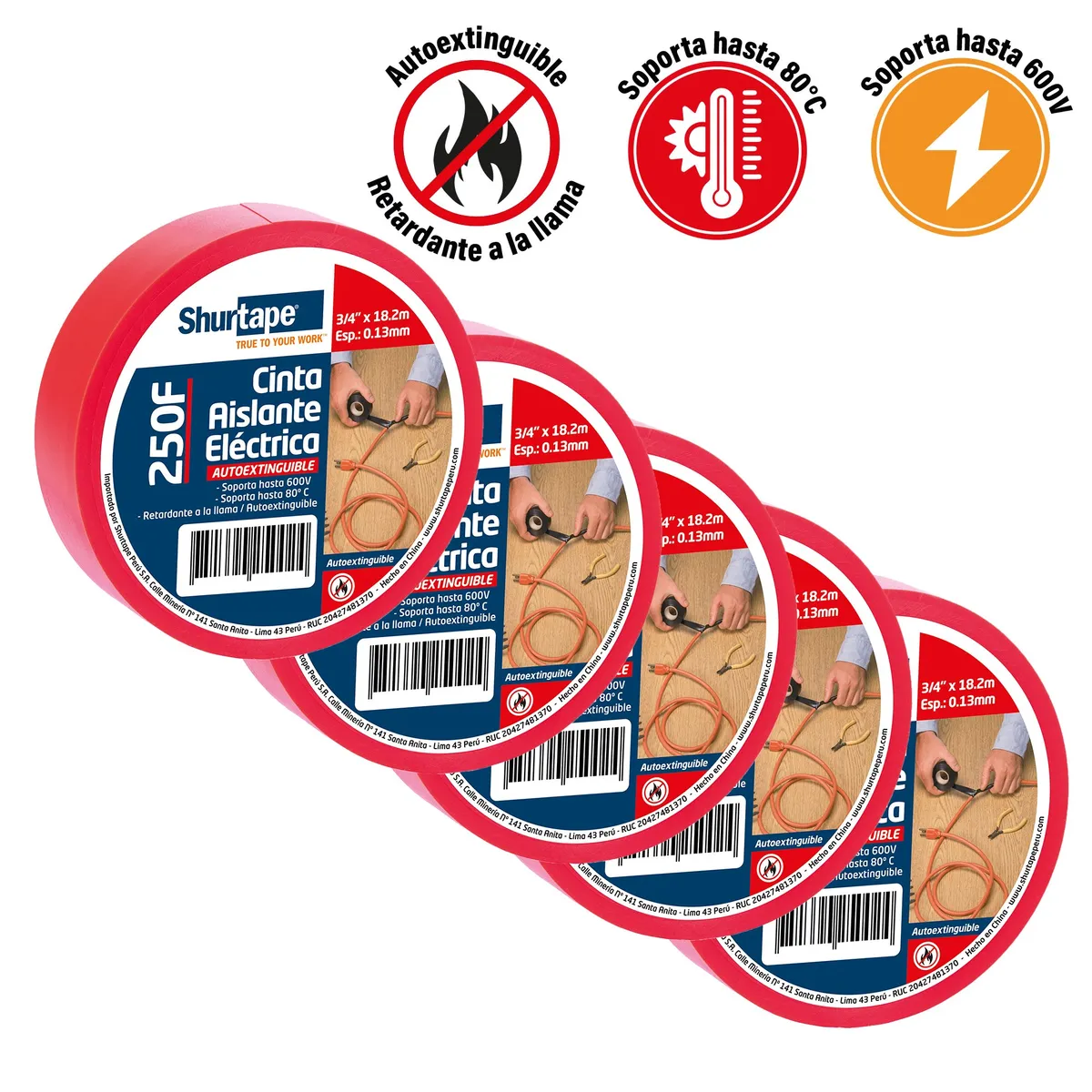 SHURTAPE - Cinta Aislante 19mm x 20 Yds Rojo Pack x5
