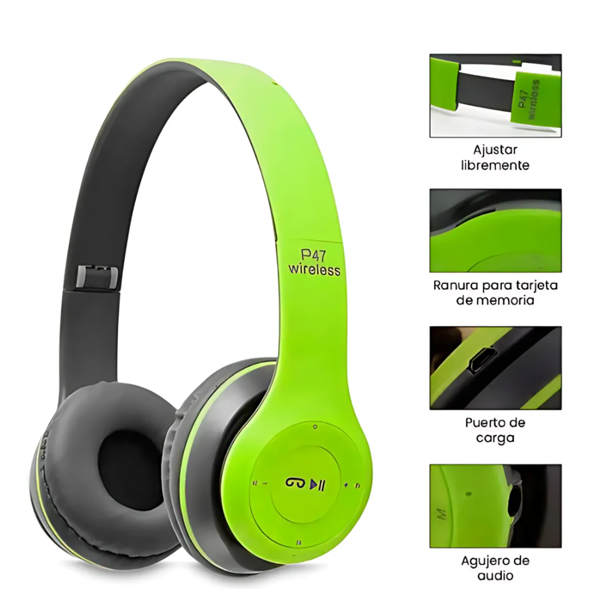 DIADEMA - Audífonos Diadema Bluetooth P47 con MIcroSD Manoslibres