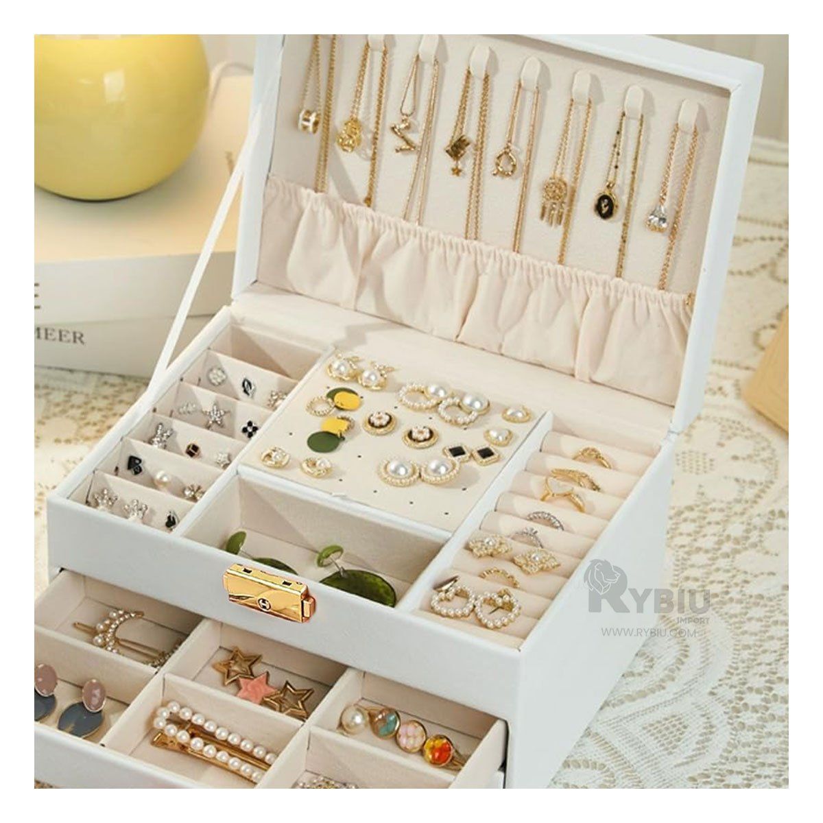 RYBIU IMPORT - Joyero con Compartimentos con Llave en Color Blanco