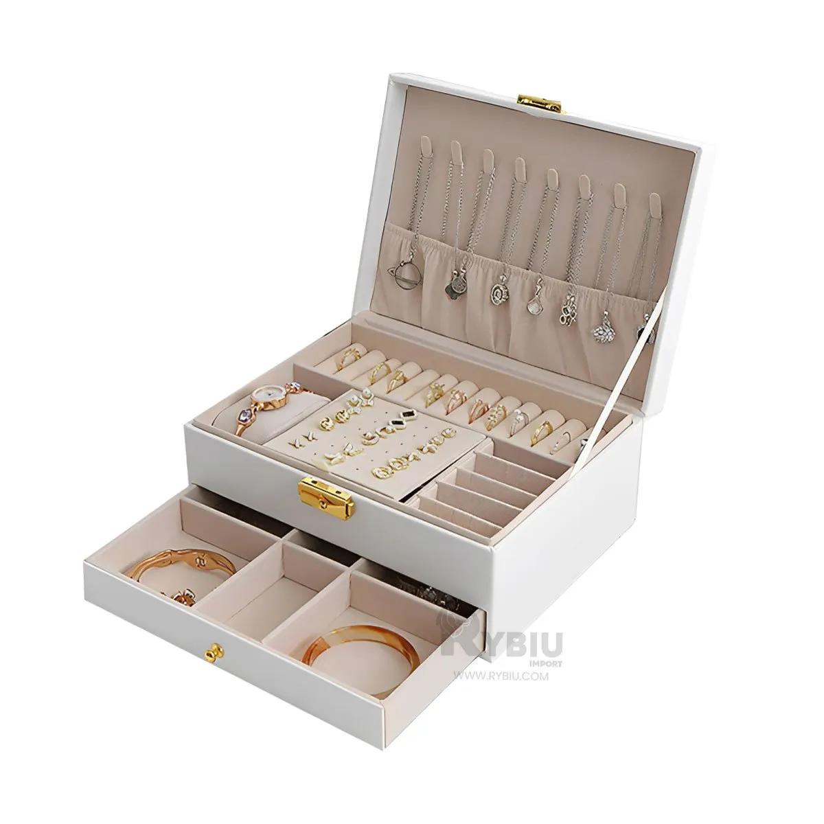 RYBIU IMPORT - Joyero con Compartimentos con Llave en Color Blanco