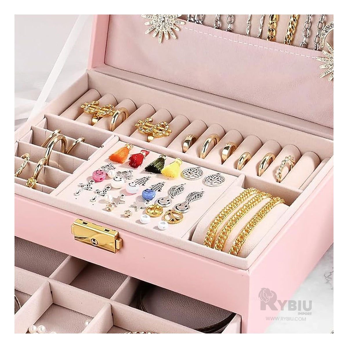 GENERICO - Joyero con Compartimentos con Llave en Color Rosado