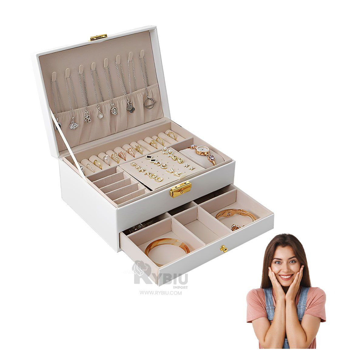 GENERICO - Alhajero para Joyas Blanco Y+Regalo Ligas para Peinar