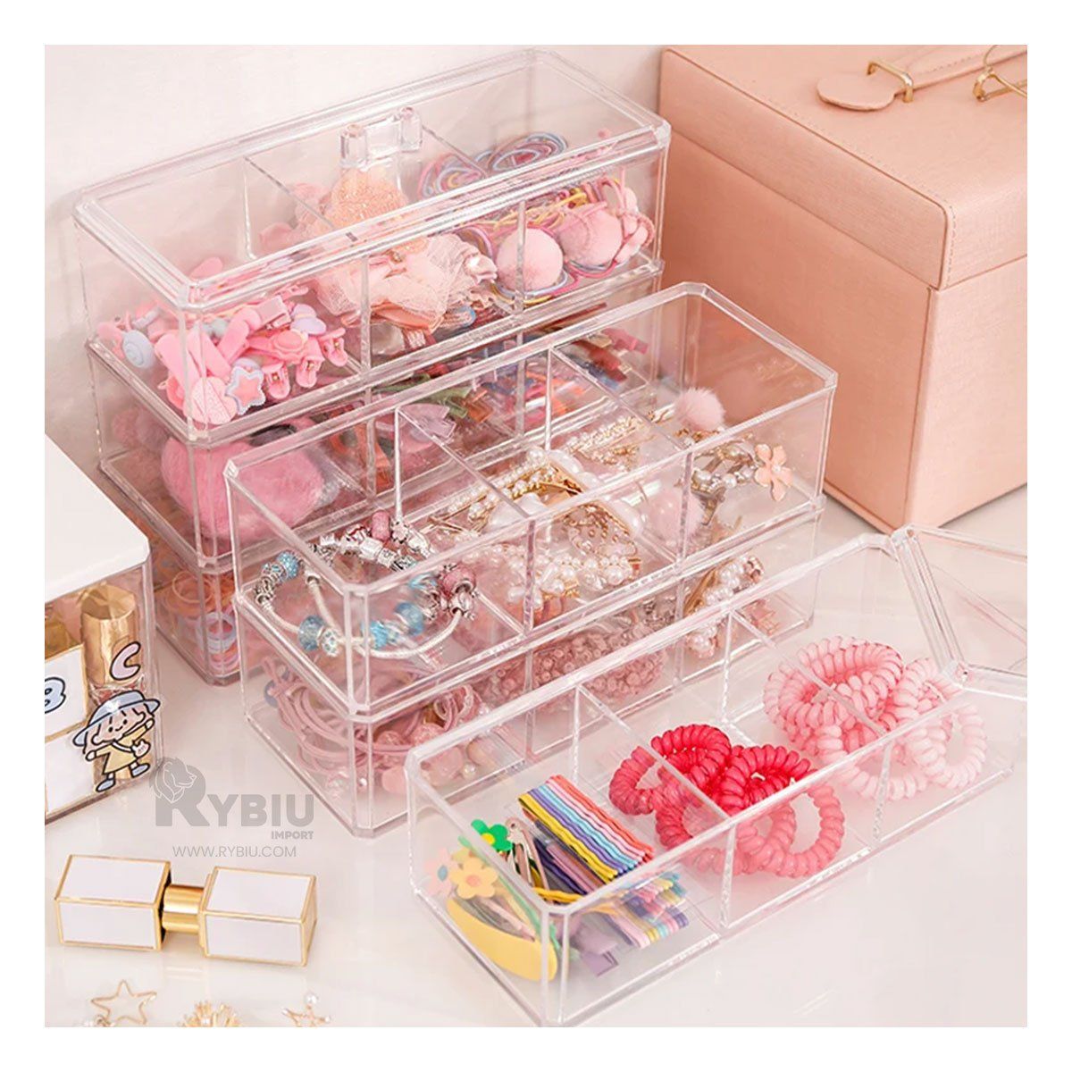 RYBIU IMPORT - Caja de Maquillaje Moderna de 9 Divisiones Tono Transparente