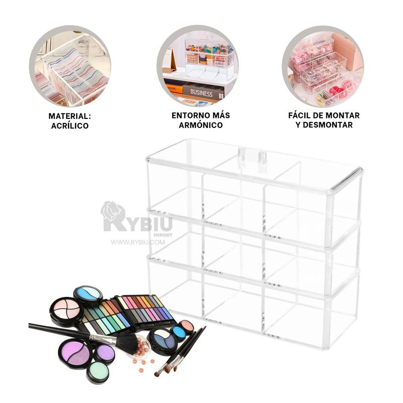RYBIU IMPORT - Organizador Transparente de 9 Divisiones Y+Post-it Adhesivos
