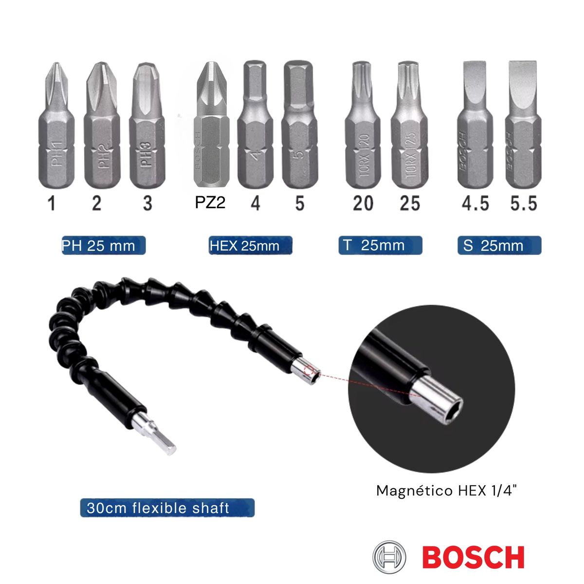 BOSCH - Set de puntas para atornillador + Extensión magnética flexible de 30 cm, 11 piezas