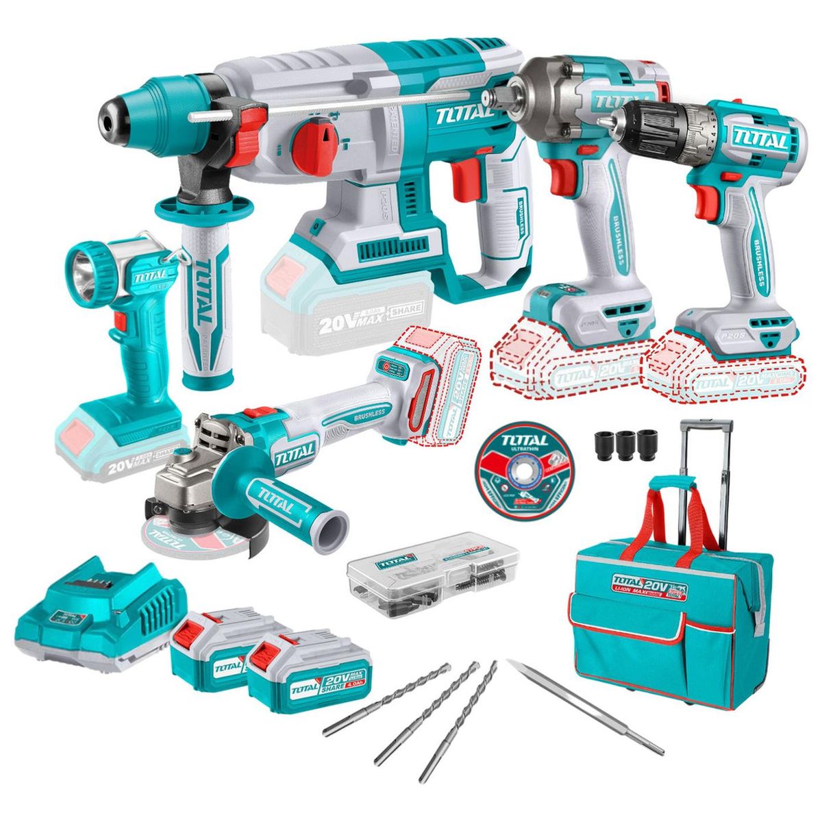 TOTAL TOOLS - Combo taladro + amoladora + llave de impacto + rotomartillo Total
