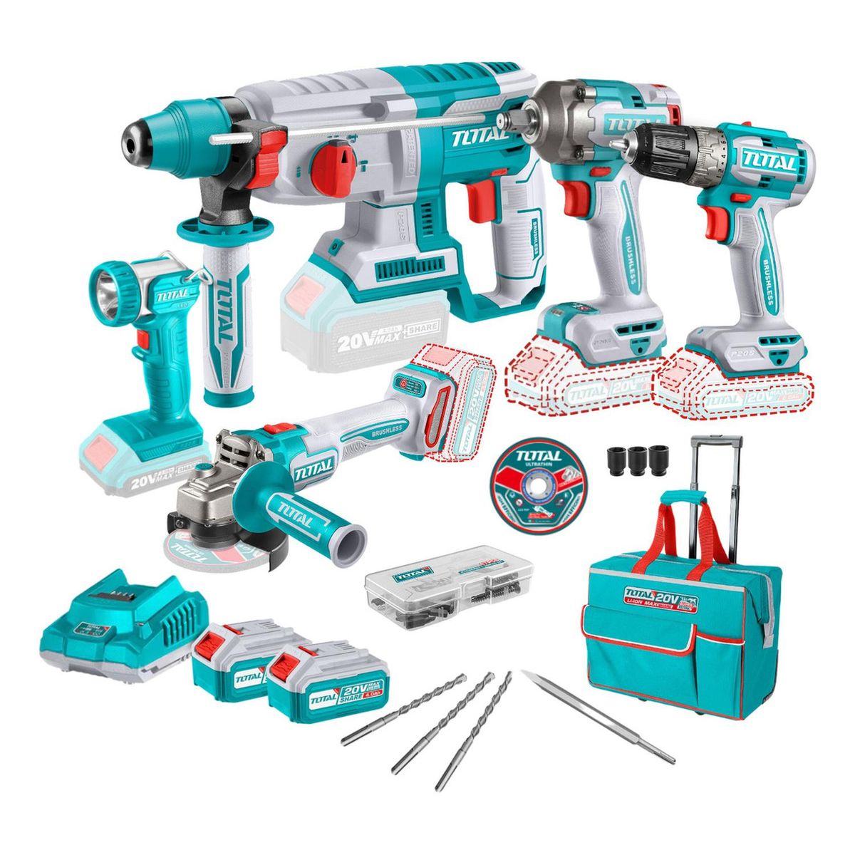 TOTAL TOOLS - Combo taladro + amoladora + llave de impacto + rotomartillo Total