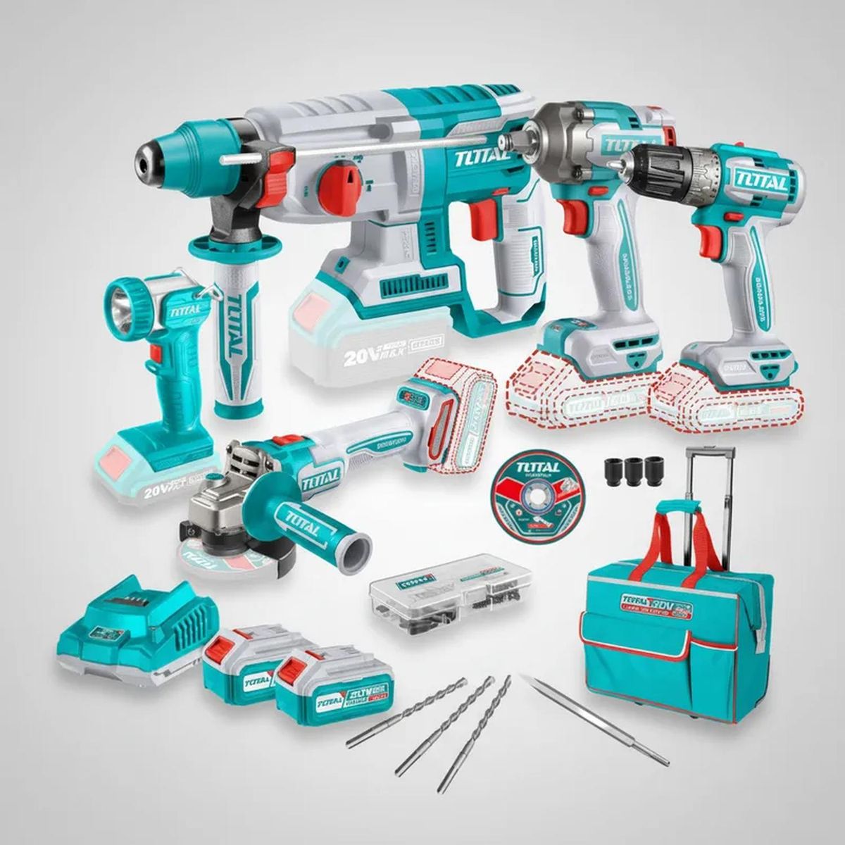 TOTAL TOOLS - Combo taladro + amoladora + llave de impacto + rotomartillo Total