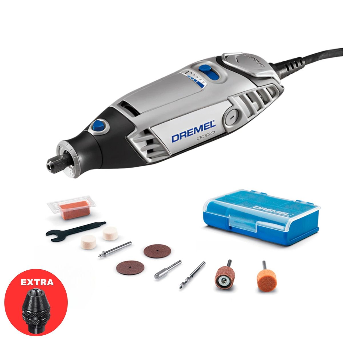 DREMEL - Minitaladro Multipropósito DREMEL 3000 + 10 accesorios + Mandril universal