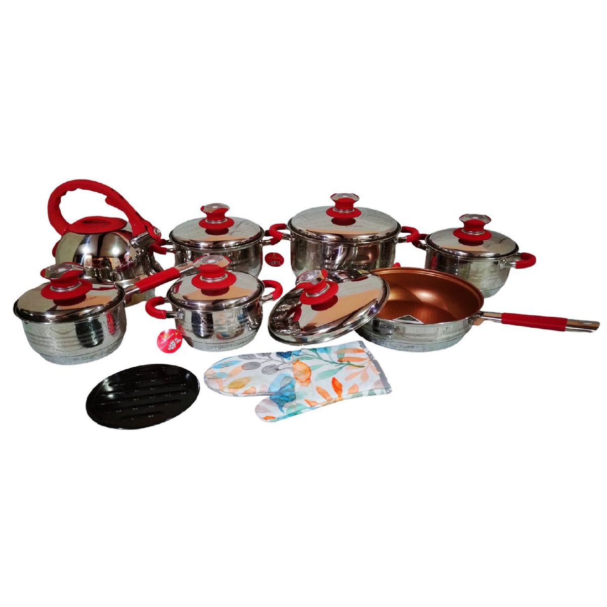 GENERICO - Set de Ollas SUPREMA 14 Piezas SU-TC020-14PC Tapas de Acero Rojo