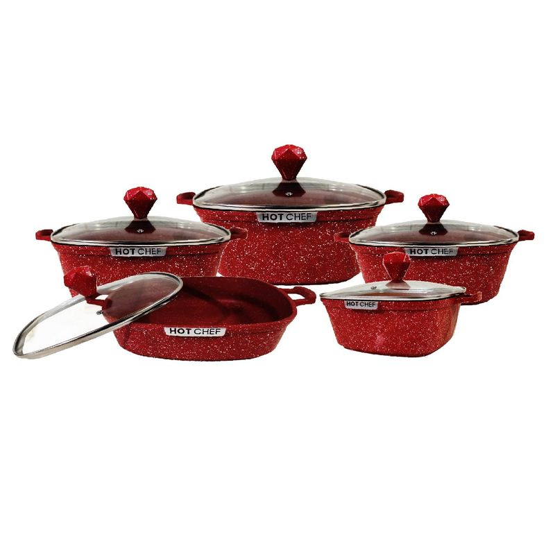 GENERICO - Set de Ollas Cuadradas HOT CHEF Granito Antiadherente Rojo