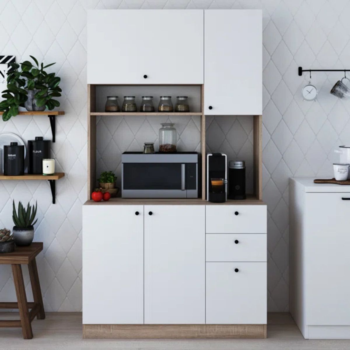 TU MESITA - Mueble de Cocina Multiusos Tamara BlancoMarrón 3 cajones 4 puertas
