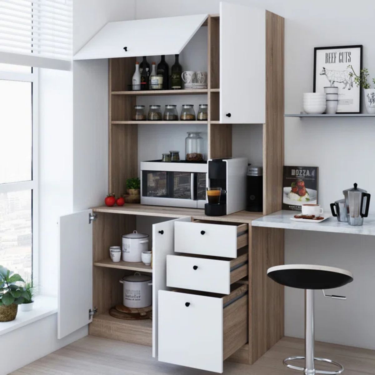 TU MESITA - Mueble de Cocina Multiusos Tamara BlancoMarrón 3 cajones 4 puertas