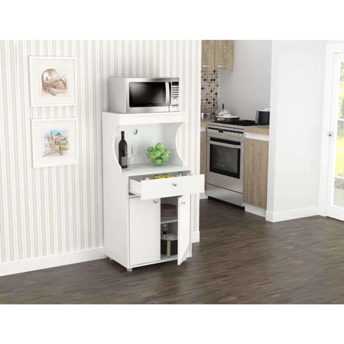 TU MESITA - Mueble para Microondas Clásico Namibia Color Blanco 2 puertas 1 cajón