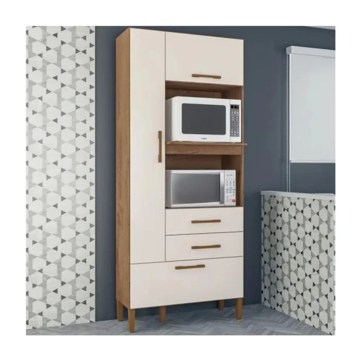 TU MESITA - Mueble para Microondas Kansas color BlancoMarrón 3 puertas 2 cajones
