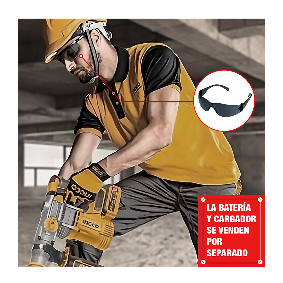 INGCO TOOLS - ROTOMARTILLO INALÁMBRICO 45J BRUSHLESS INGCO CONCRETO + LENTES
