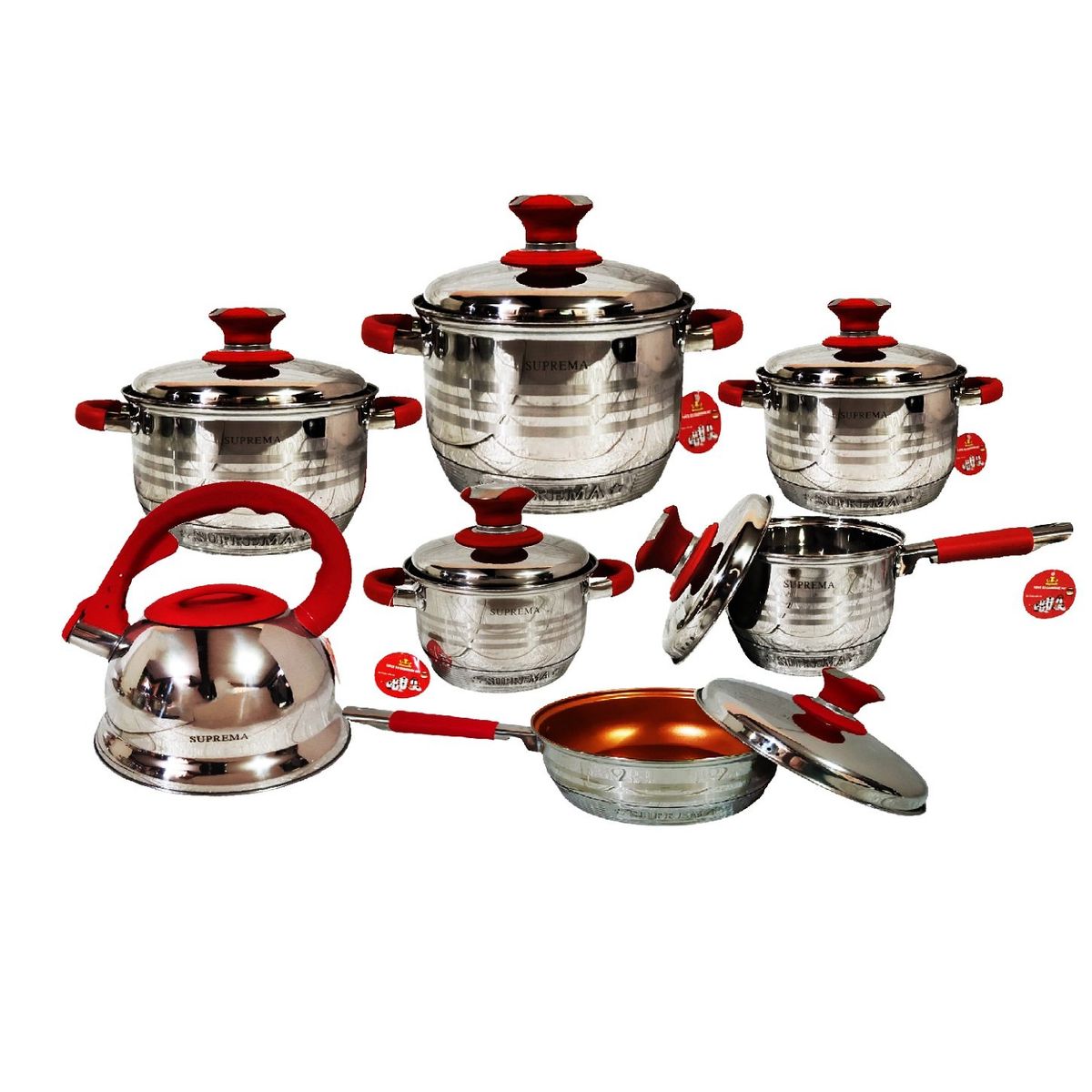 GENERICO - Set de Ollas SUPREMA 14 Piezas SU-TC020-14PC Tapas de Acero Rojo