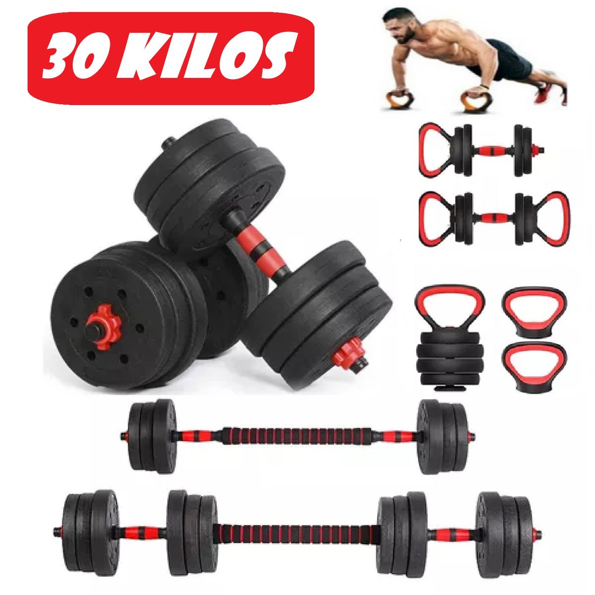 BLACKFIT - Set de Pesas 30 KG Multifuncional Convertible Rusas - Rojo