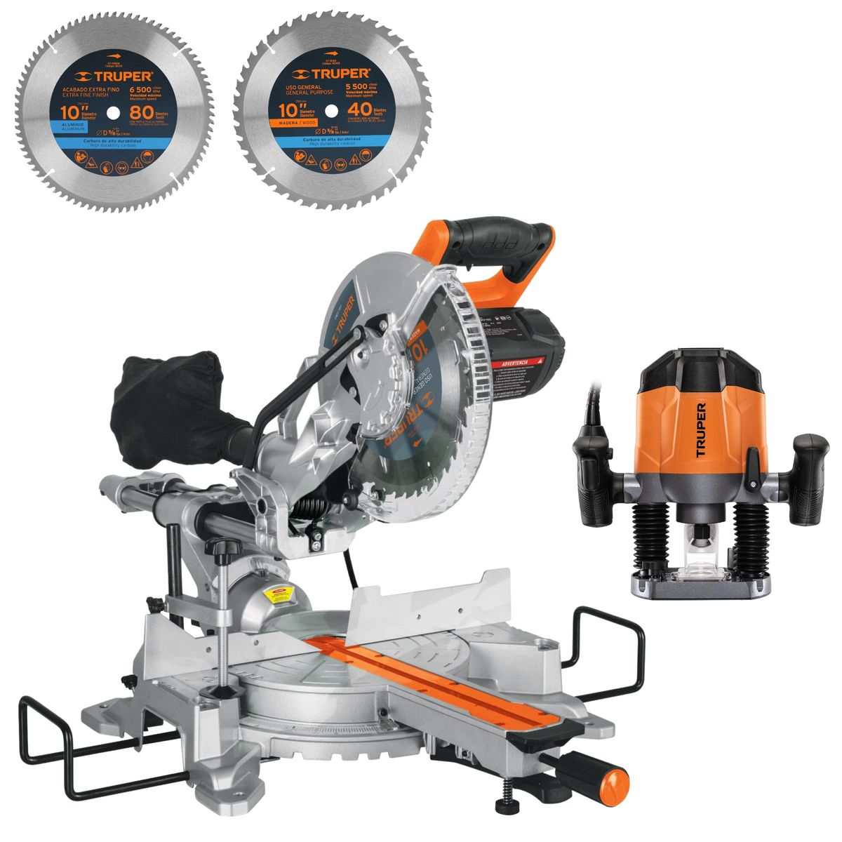 TRUPER - COMBO Sierra ingleteadora telescópica 10 Fresadora Ruteadora 1200W