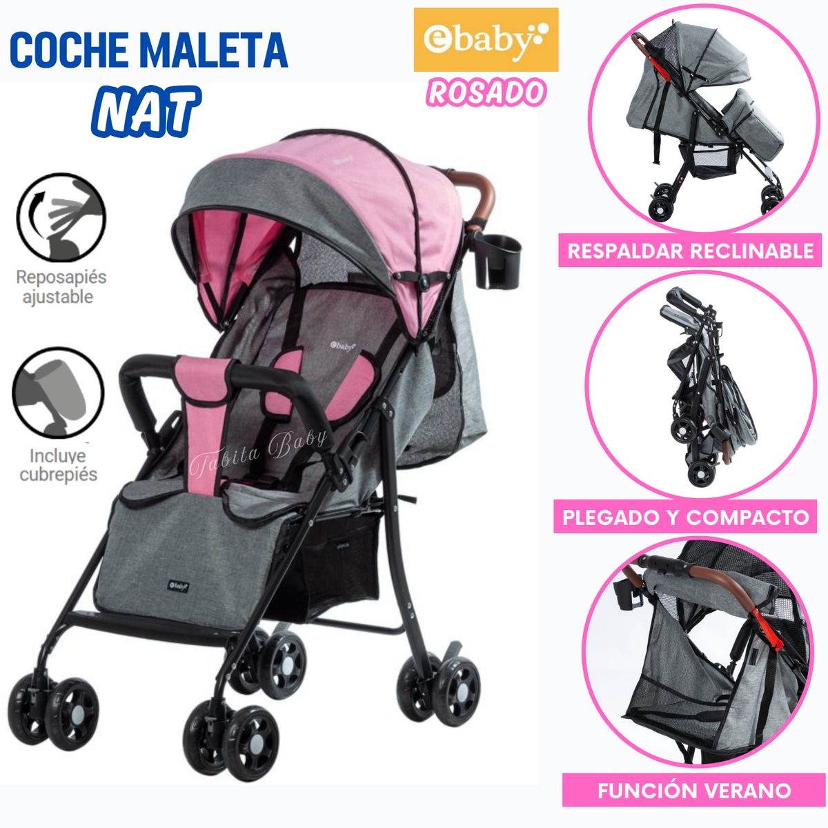 EBABY - Coche Maleta plegable NAT Rosado