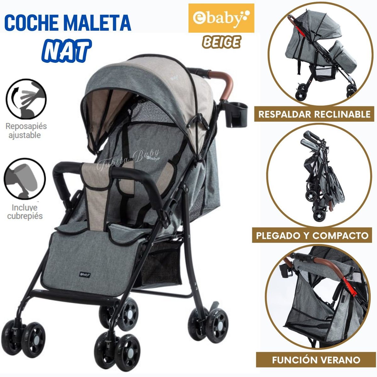 EBABY - Coche Maleta plegable NAT Beige