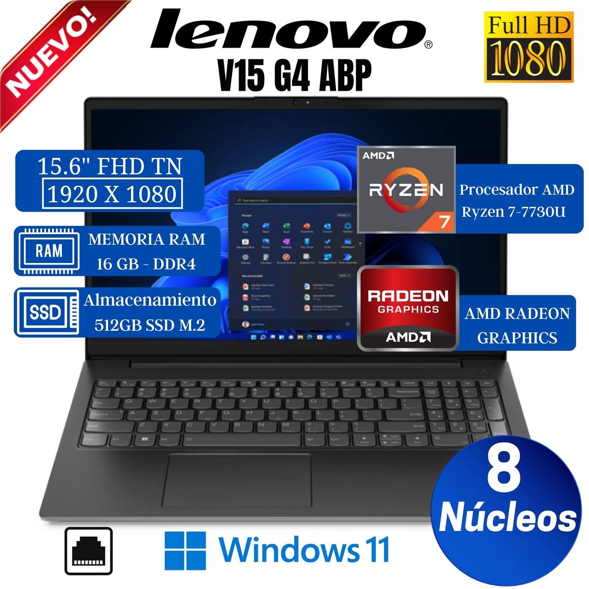 LENOVO - Laptop Lenovo V15 G4 ABP 15.6" FHD TN, AMD Ryzen 7-7730U, Ram 16GB, Ssd 512GB, Win 11
