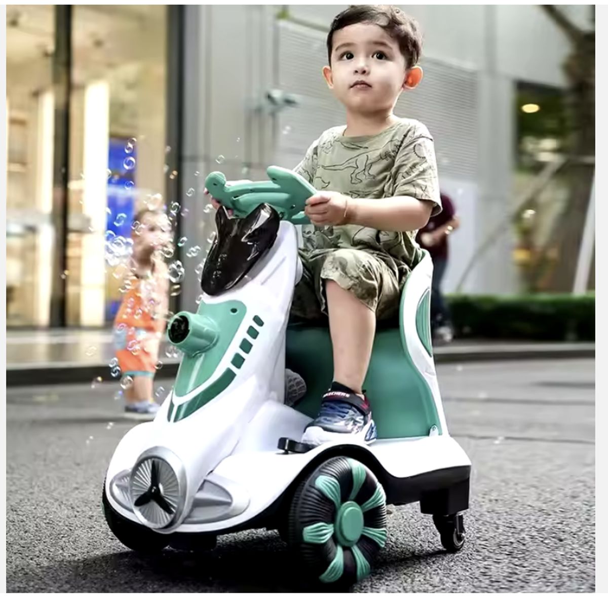 GENERICO - Carro Moto Eléctrico Robotin Lanza Burbujas Giro de 360°-VERDE