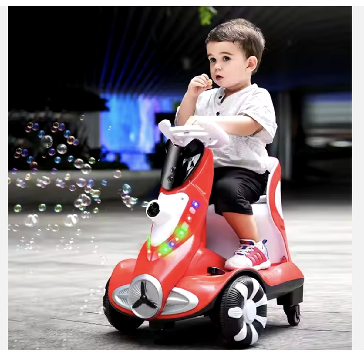 GENERICO - Carro Moto Eléctrico Robotin Lanza Burbujas Giro de 360°-ROJO