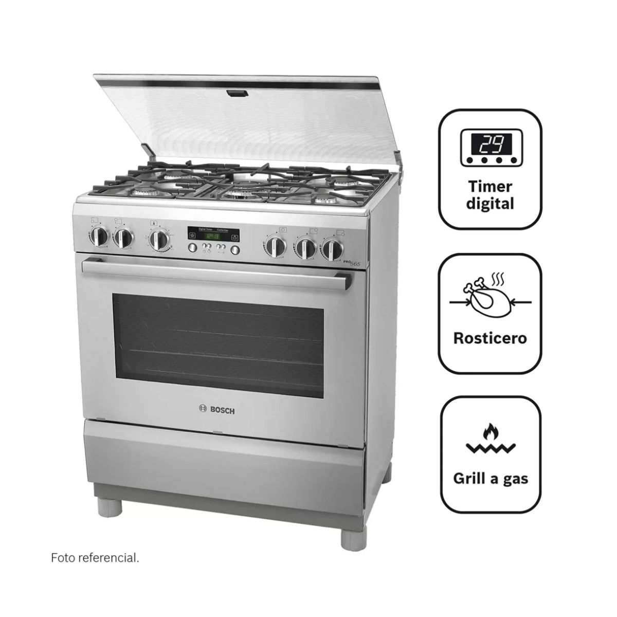 BOSCH - COCINA BOSCH PRO565 IX A GAS DE PIE 30"  5 QUEMADORES ACERO INOXIDABLE