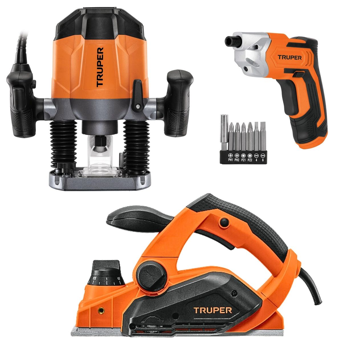 TRUPER - Fresadora Ruteadora, Cepillo eléctrico  ATORNILLADOR COMBO KEVIN TRUPER