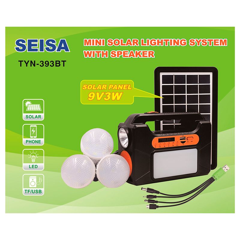 SEISA - Mini kit de iluminación solar, 3 focos, linterna, FM/BT