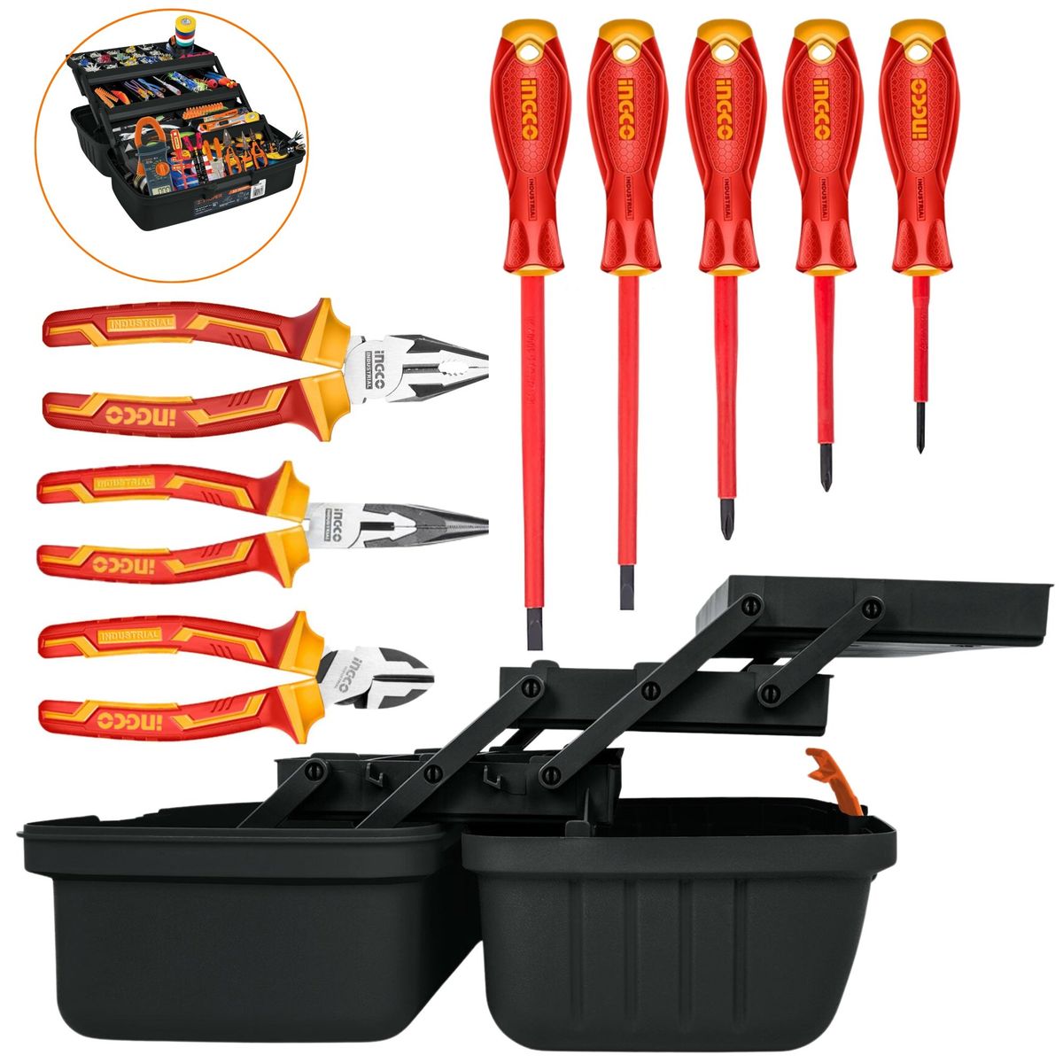 INGCO TOOLS - KIT dieléctricos, alicates,  desarmadores 1000V, Caja de electricistas