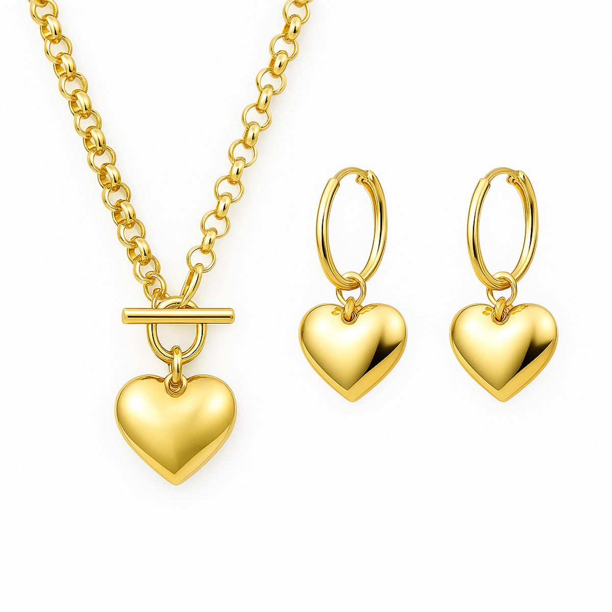 GENERICO - Set Aretes argollas y Collar Corazón Dorado Mujer Chunky