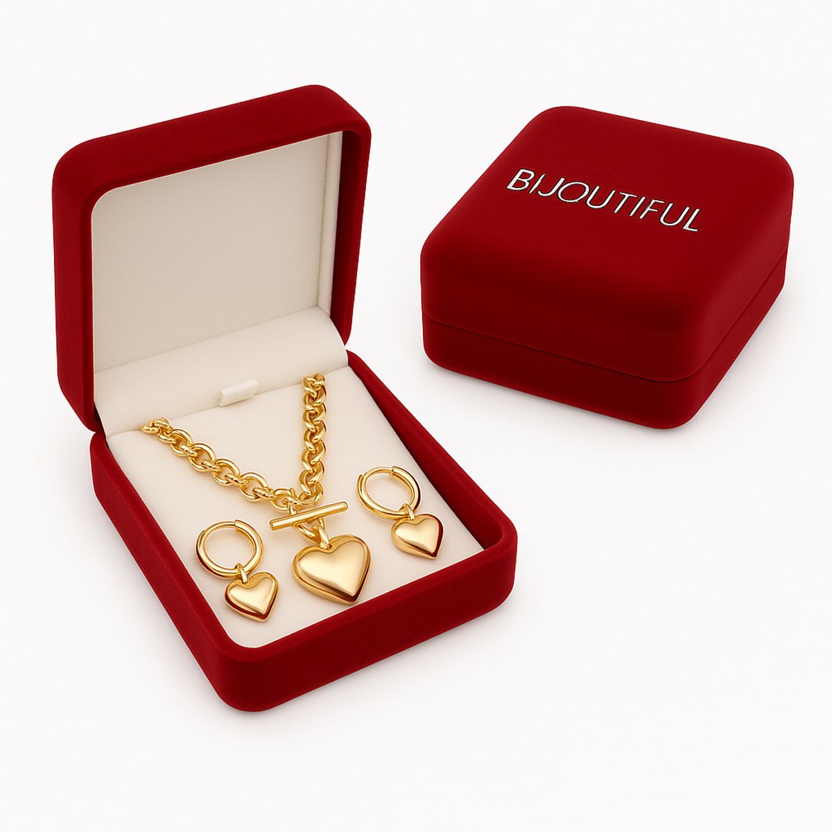 GENERICO - Set Aretes argollas y Collar Corazón Dorado Mujer Chunky