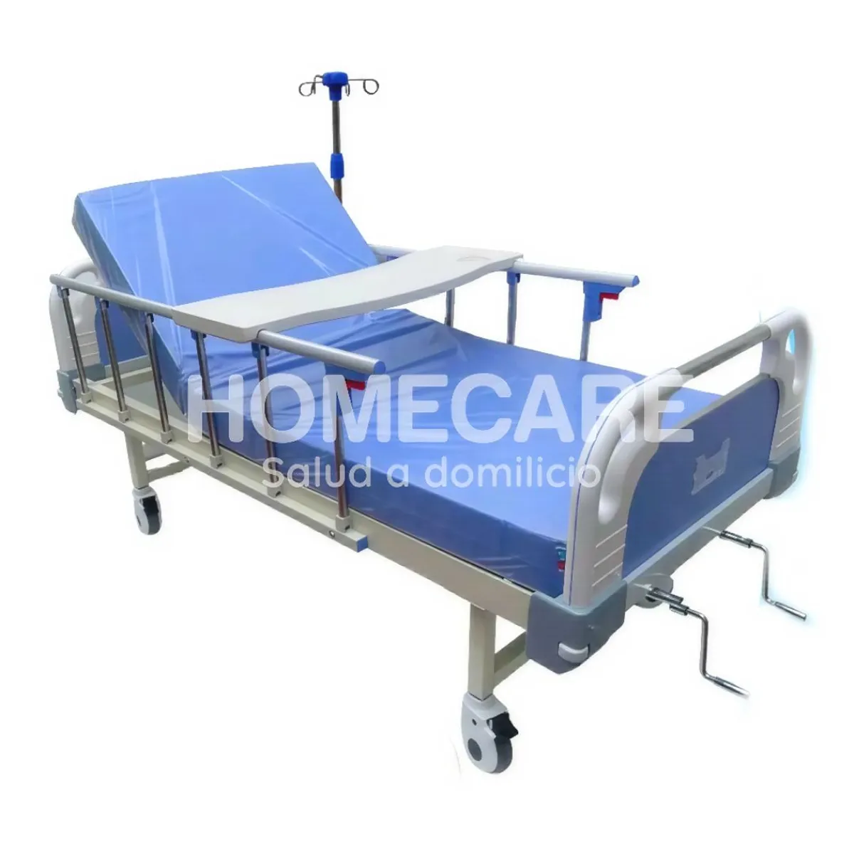 HOMECARE - CAMA CLÍNICA DE 2 MANIVELAS + COLCHÓN + MESA + PORTASUERO HOMECARE