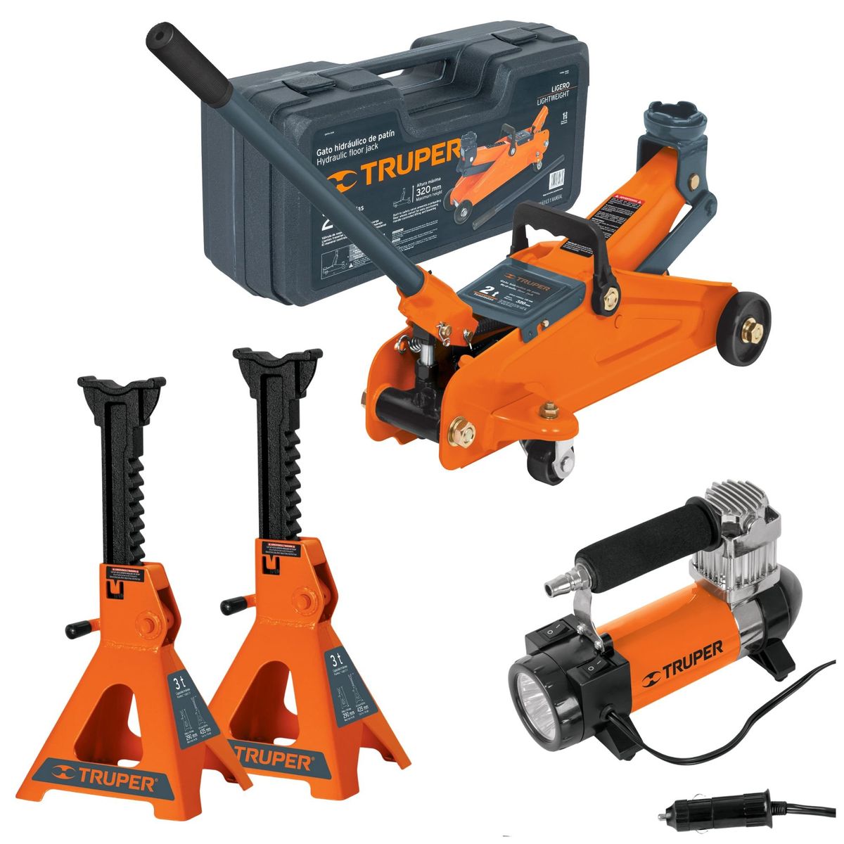 TRUPER - COMBO Gata Lagarto 2TN, 2 Caballetes 3TN, compresor INFLADOR